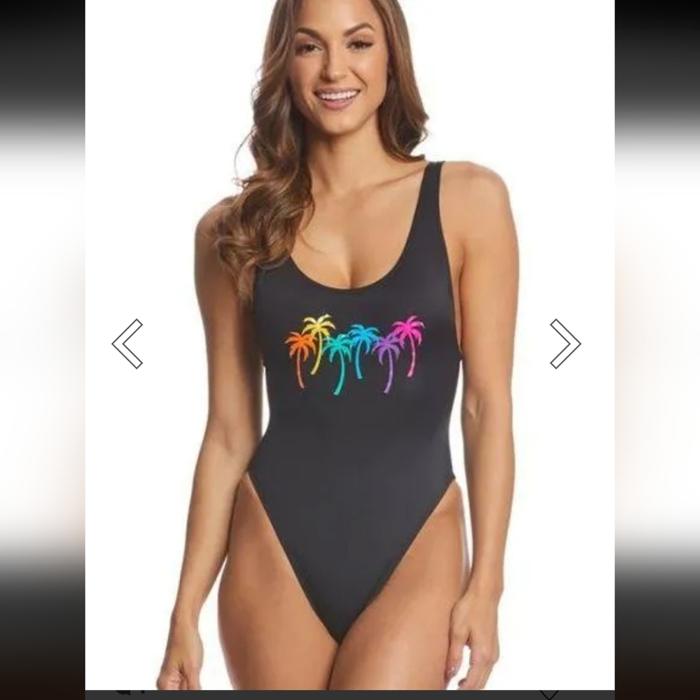 Coco Rave NWT Pamela High Leg One Piece Swimsuit Womens Size L Palm Trees